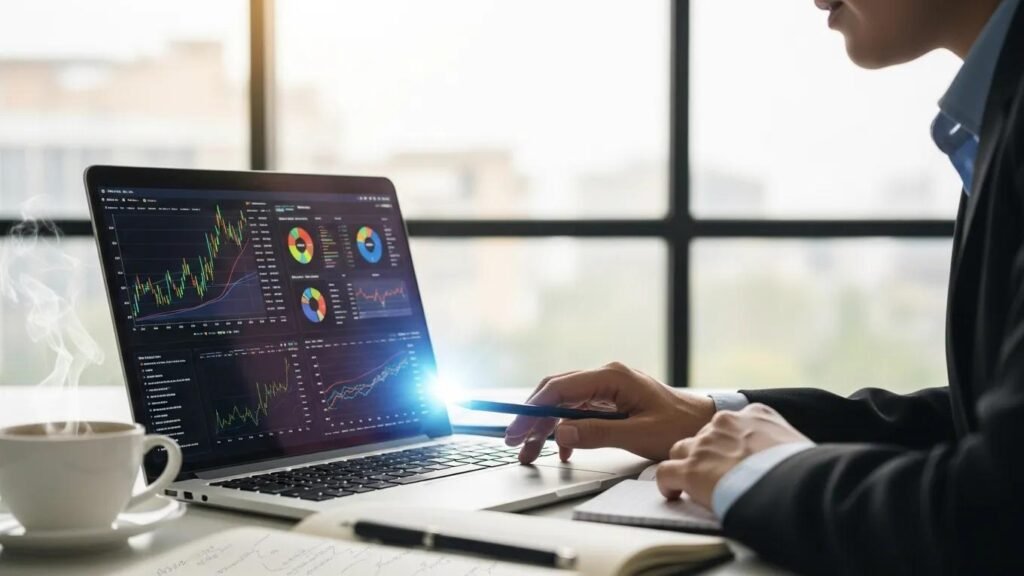 Business professional analyzing data on a laptop, highlighting the benefits of custom software development