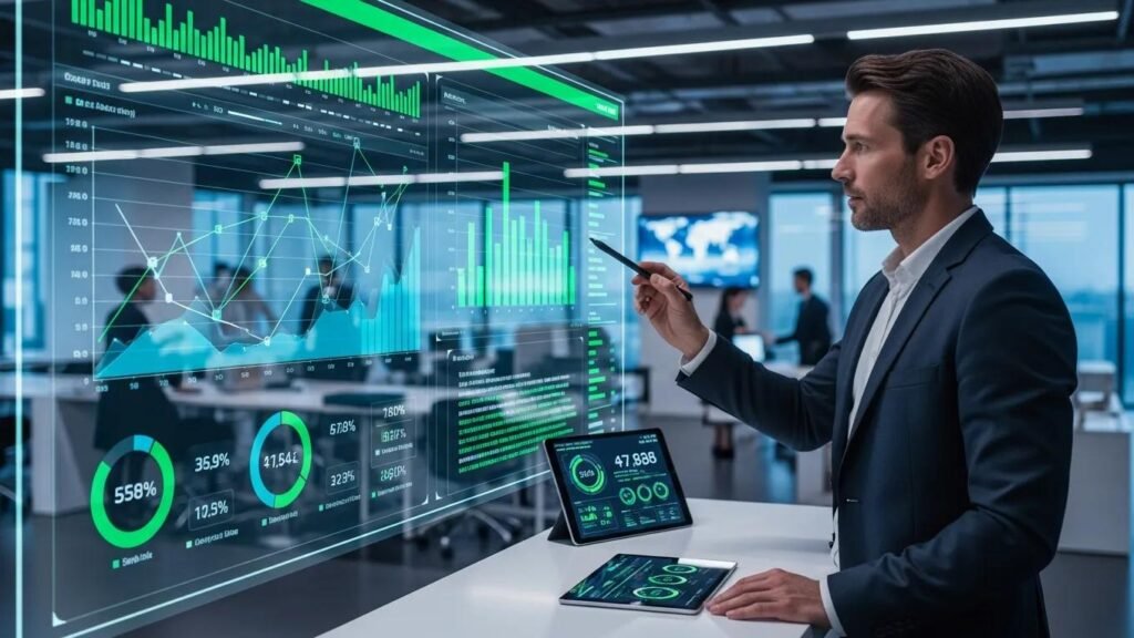 Business professional analyzing SQL Server performance metrics in a high-tech office environment