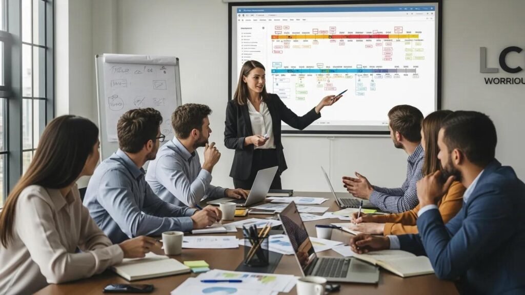Project manager leading a strategy session for custom software implementation with a collaborative team