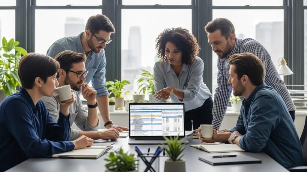 Team collaboration in a modern office focusing on SQL Server solutions for business efficiency