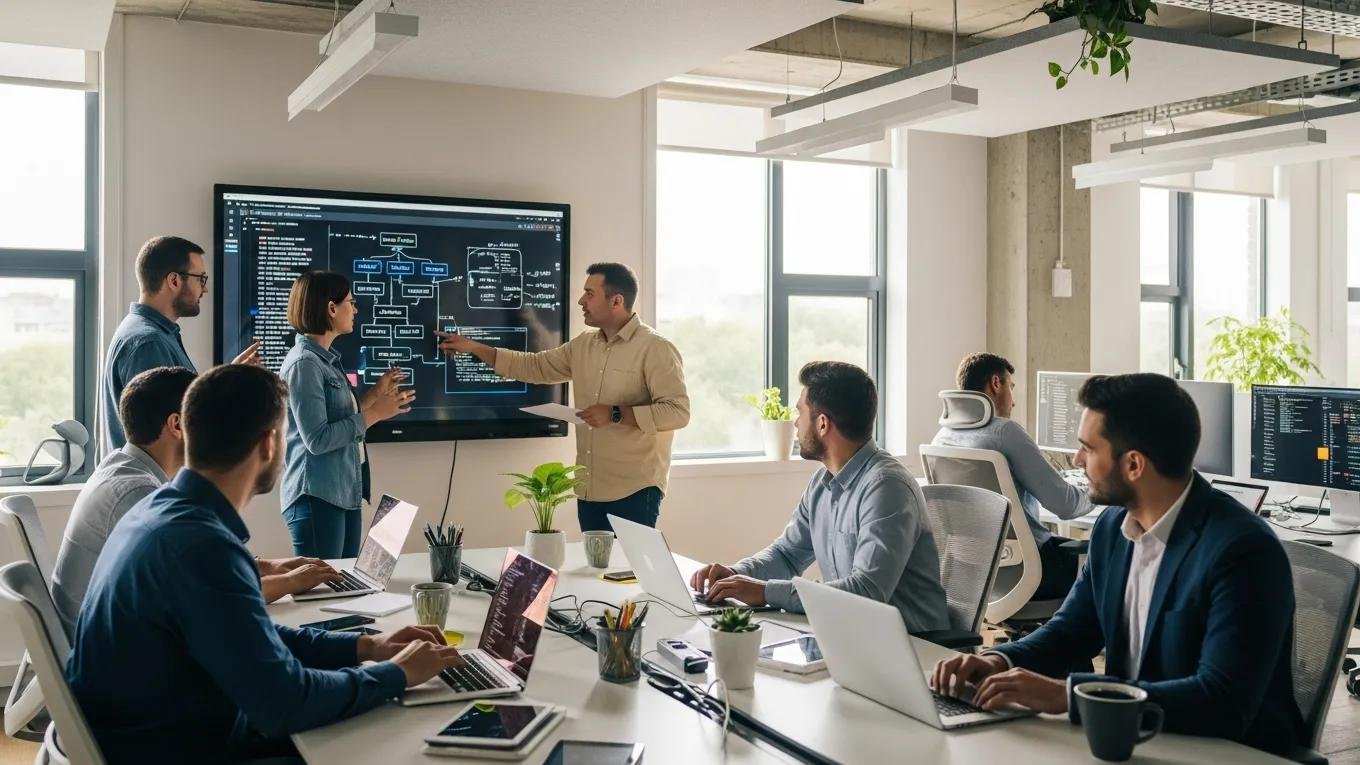 Team collaboration in custom software development showcasing diverse professionals working together