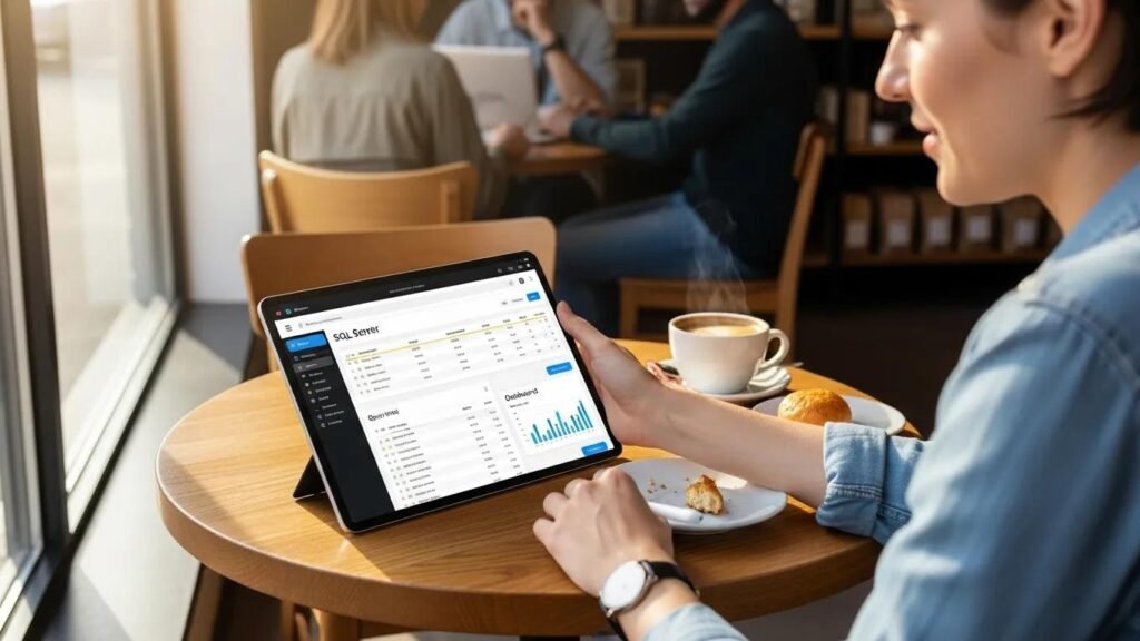 User accessing a tailored SQL Server web application on a tablet, showcasing cross-platform accessibility