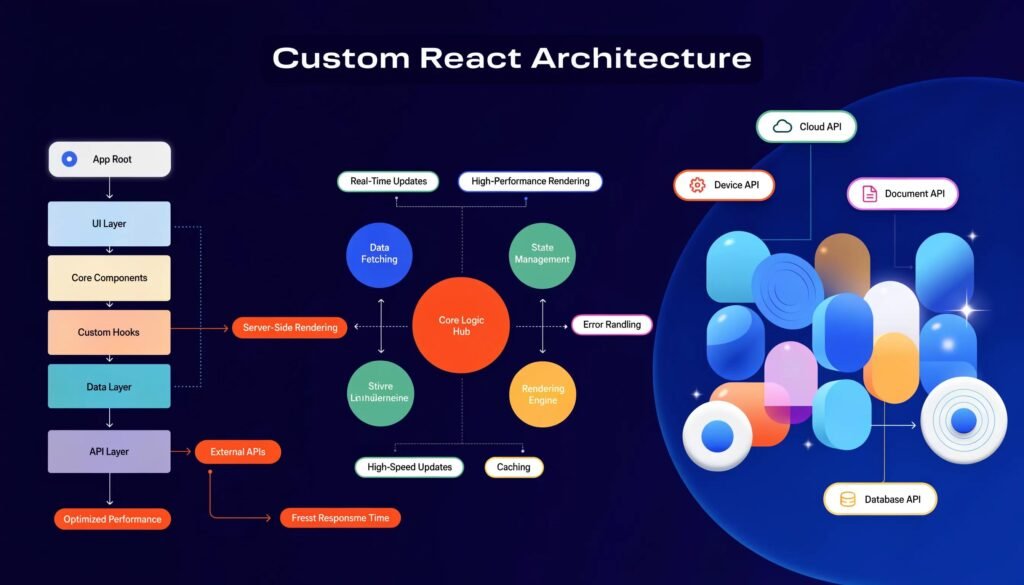 Custom React architecture diagram illustrating API layer, data fetching, state management, and optimized performance.