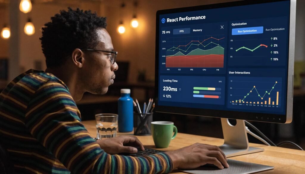 Man analyzing React performance metrics on computer screen, illustrating optimization techniques.