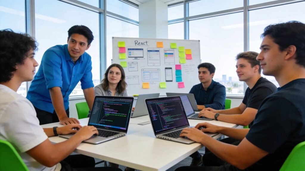 Keene Systems developers collaborating on React development project in Los Angeles office.